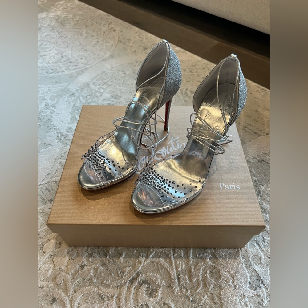 Silver crystal Christian Louboutin heels, size 7.5, never worn